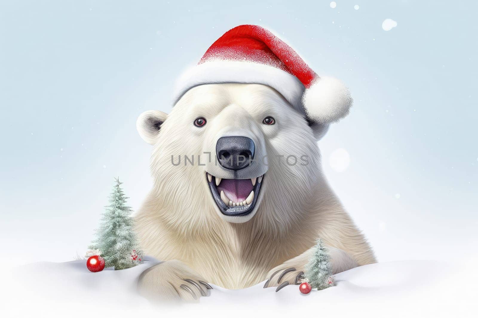 Polar bear in Christmas, red hat with presents. New Year's holiday concept