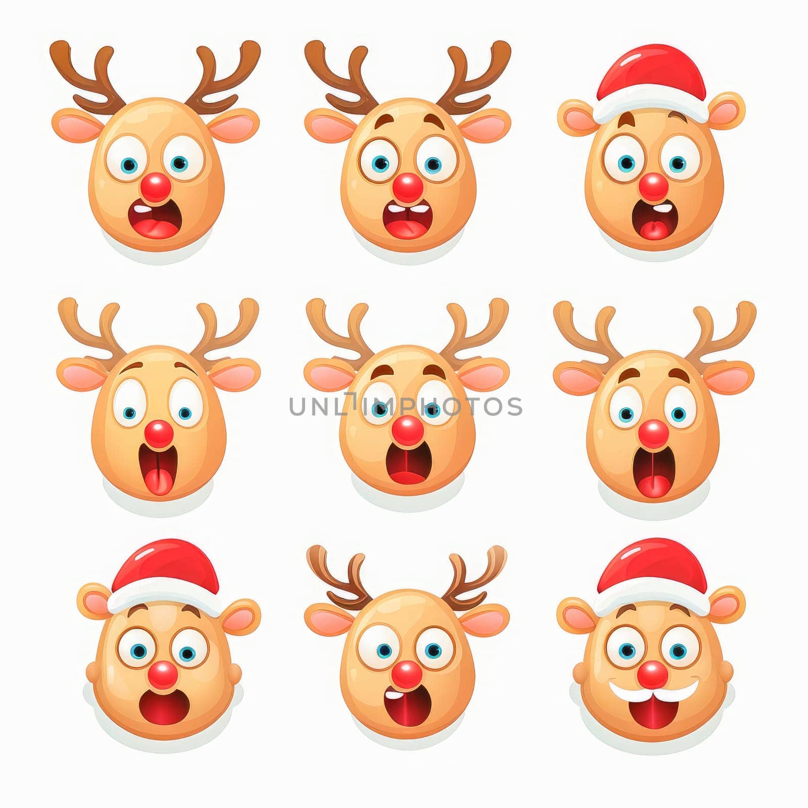 New Year reindeer emoji emoticons. Cartoon style, New Year, Christmas