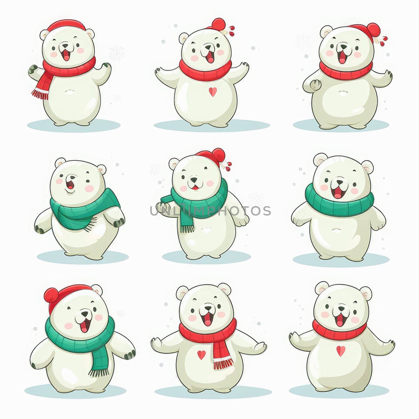 New Year emoticons funny polar bears, emoji. Cartoon style, New Year, Christmas