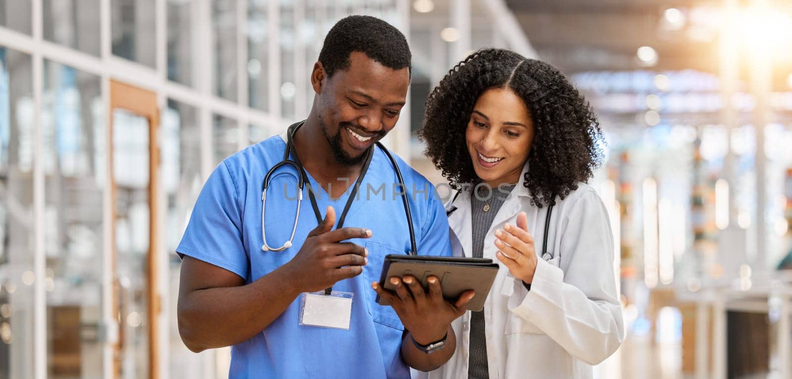 Tablet, happy collaboration or doctors reading healthcare results, clinic success info or medicine report. Hospital services, analysis and medical nurse, surgeon or people partnership on research job by YuriArcurs
