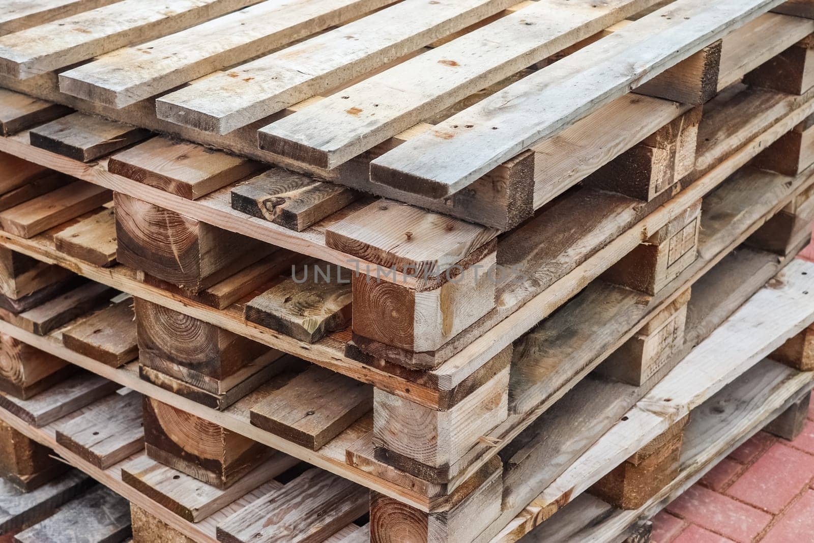 Close up view of a stack of wooden pallets