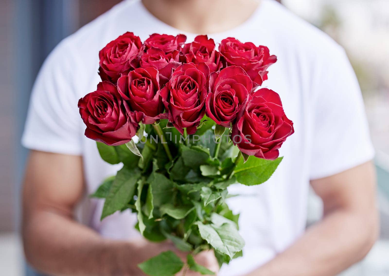 Love, romance and man with bouquet of roses for date, care for valentines day and gratitude. Romantic surprise, floral gift and person giving red flowers standing outside for proposal or engagement.