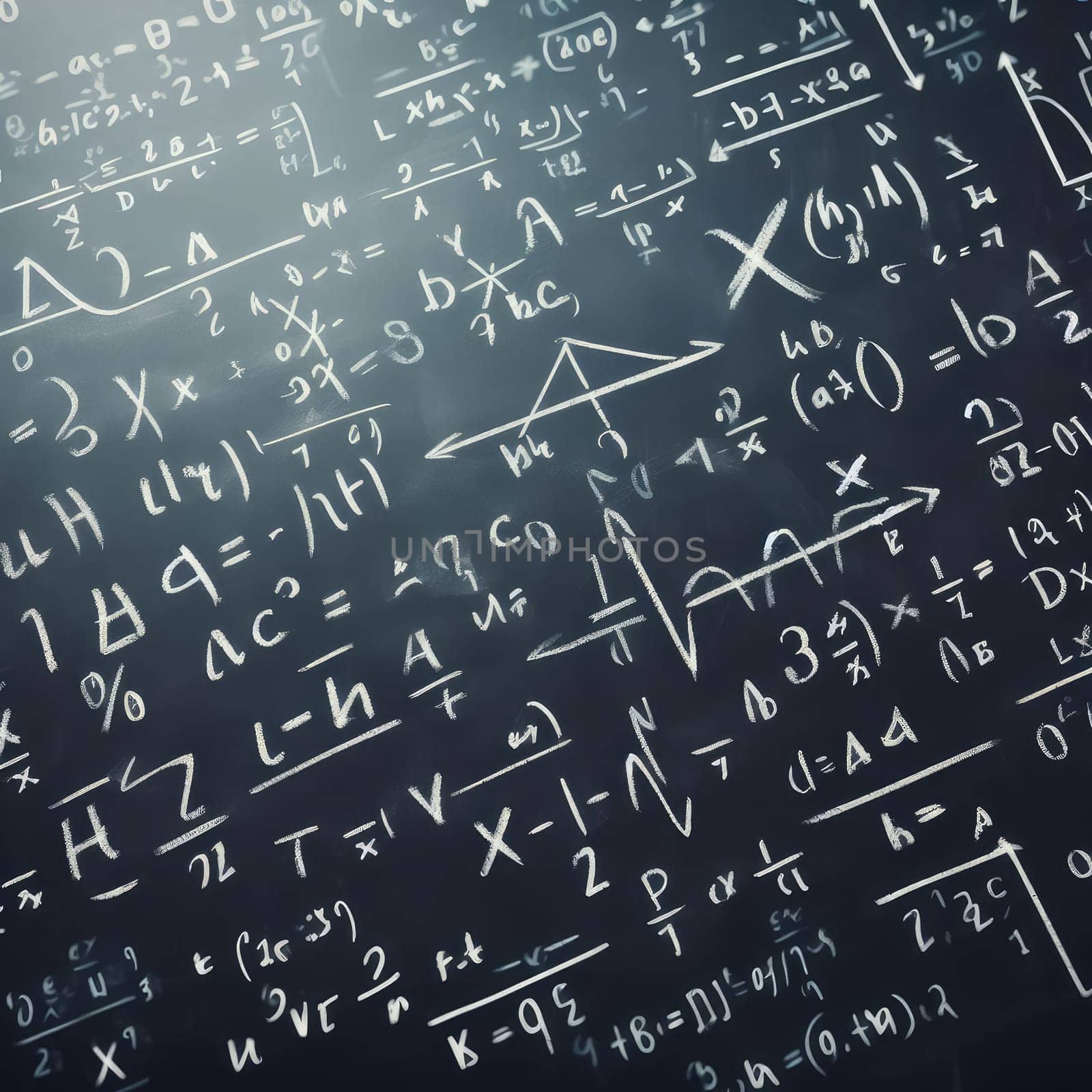Close up of math formulas on a green blackboard.