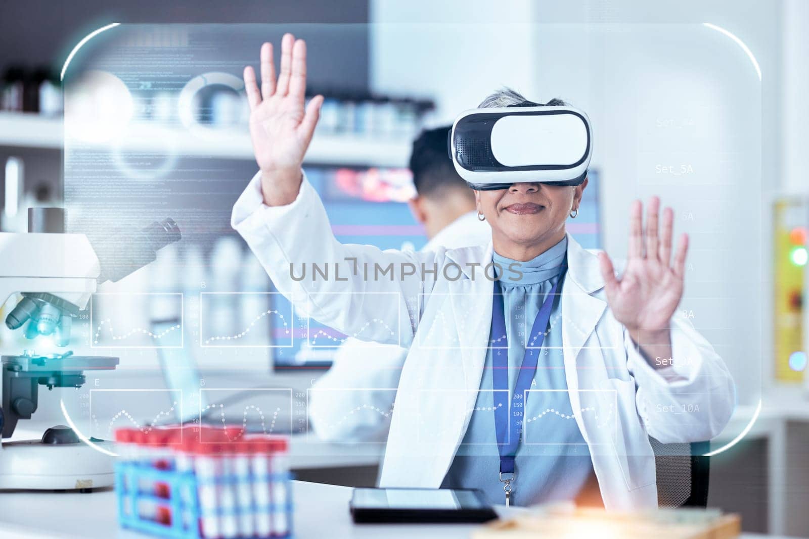 Senior scientist, woman with virtual reality and graphs, digital science data for medical research in lab with overlay. Dashboard, female doctor and experiment stats with metaverse and investigation by YuriArcurs