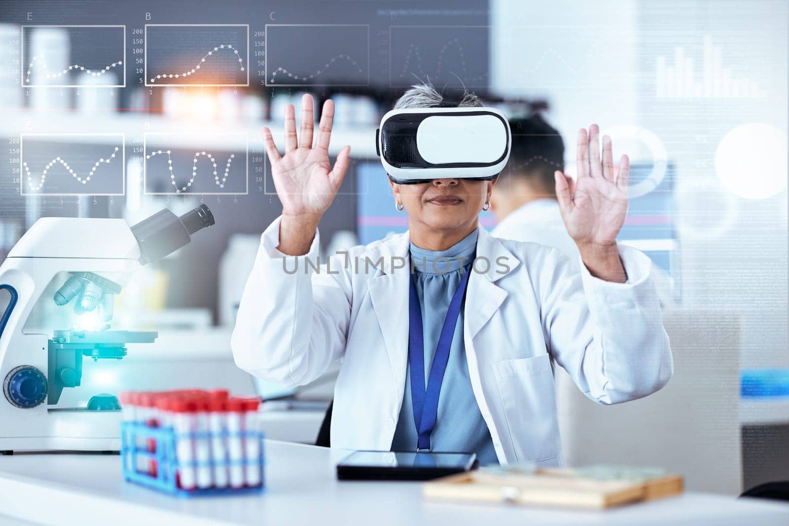 Senior scientist, woman with virtual reality and digital science data for medical research in lab with overlay. Dashboard, female doctor and experiment results and metaverse, investigation and graphs.