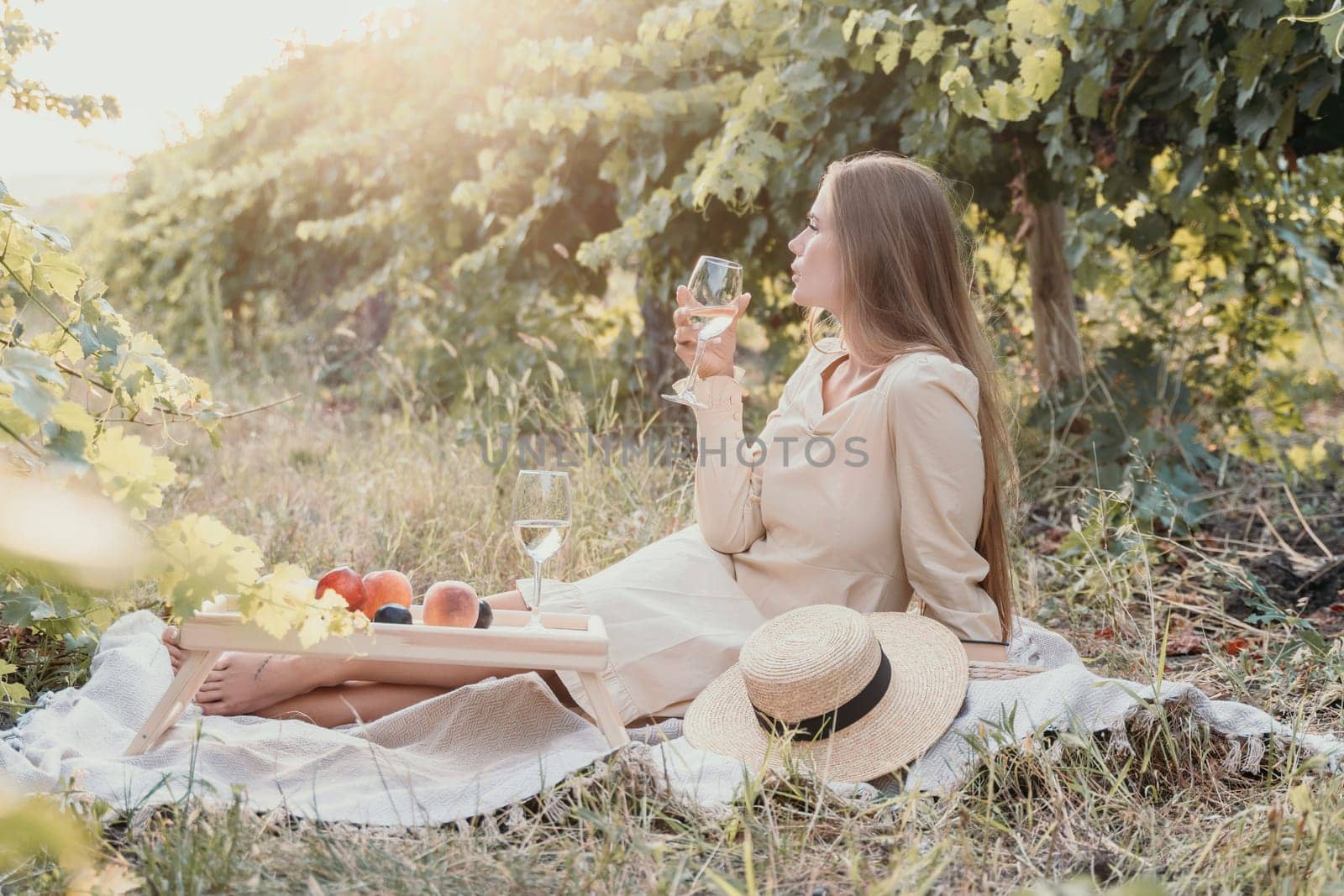 Woman picnic vineyard. Happy woman with a glass of wine at a picnic in the vineyard, wine tasting at sunset and open nature in the summer. Romantic dinner, fruit and wine. by panophotograph