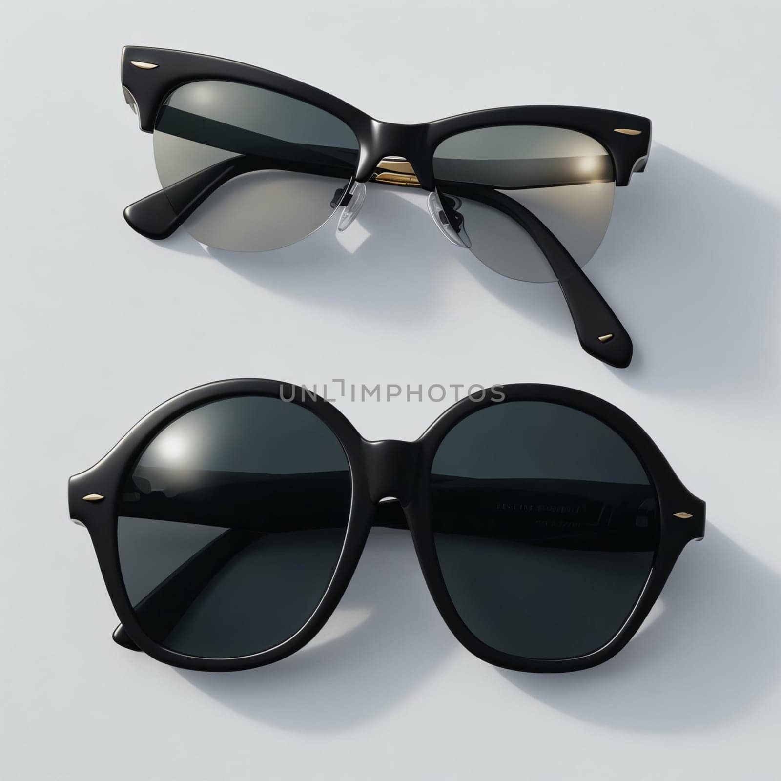 black sunglasses on a white background illuminated by the sun