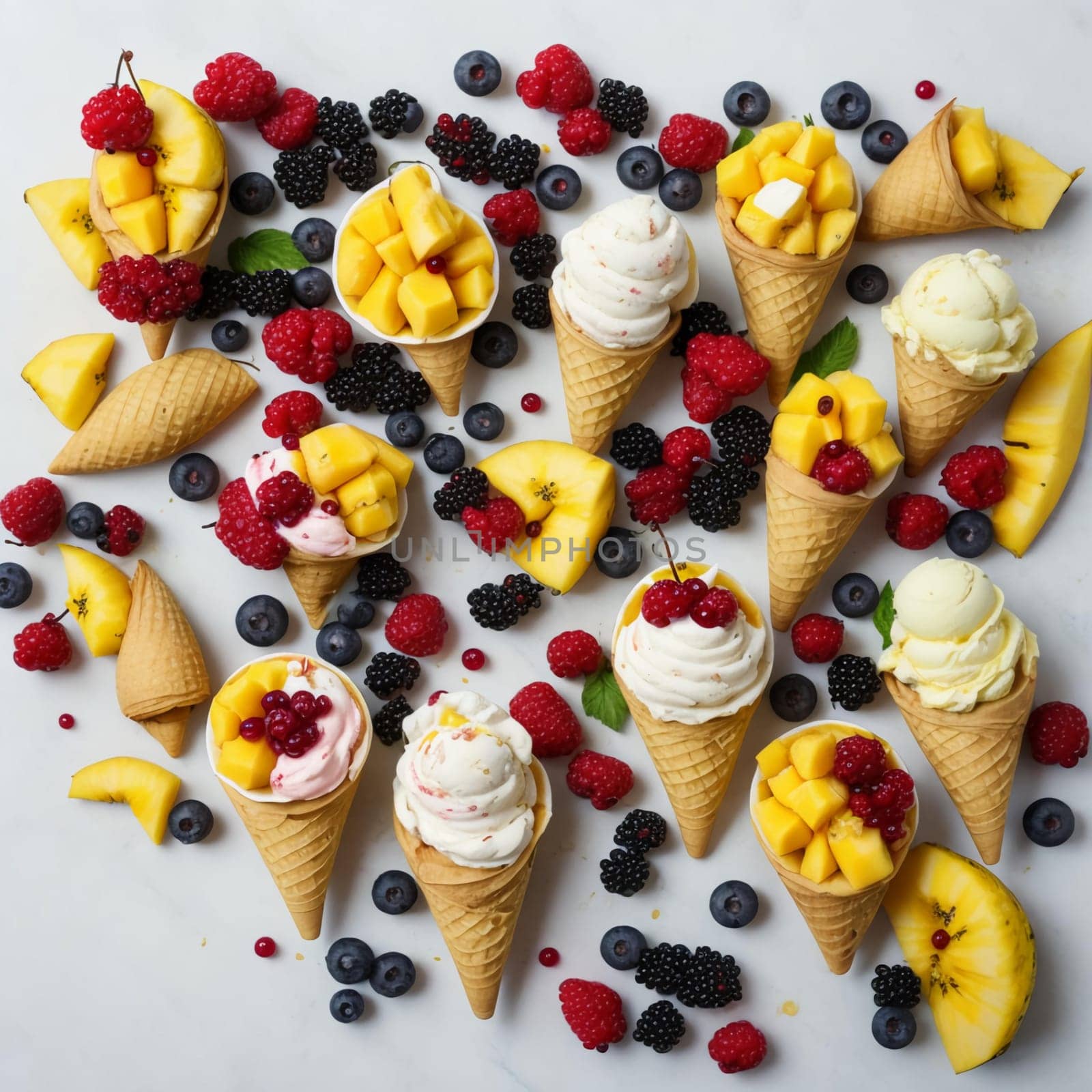 Different flavors of ice cream cones with frozen mango, pineapple, red and black currant berries on a white background. Summer creative concept