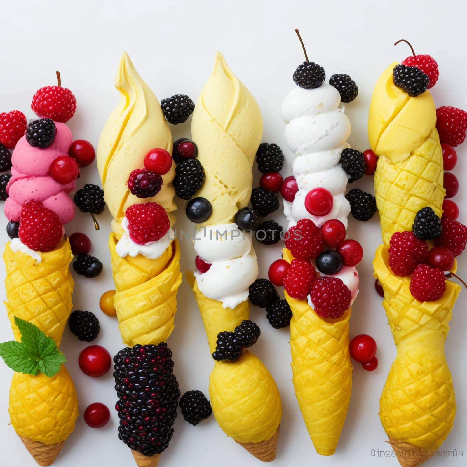 ice cream cones with frozen mango, pineapple, red and black currant berries on a white-gray background by Севостьянов