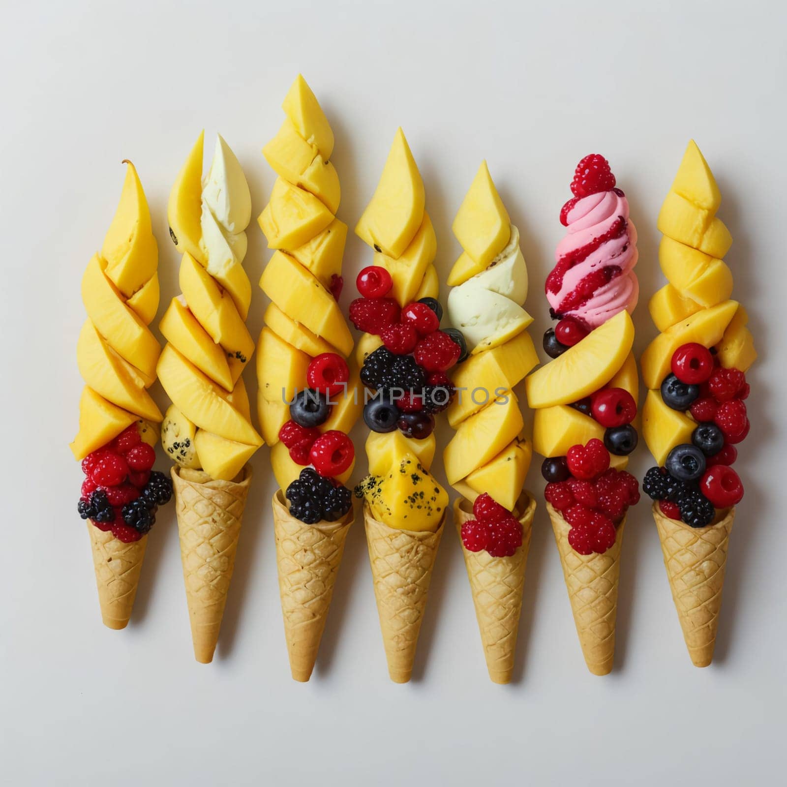 Different flavors of ice cream cones with frozen mango, pineapple, red and black currant berries on a white background. Summer creative concept