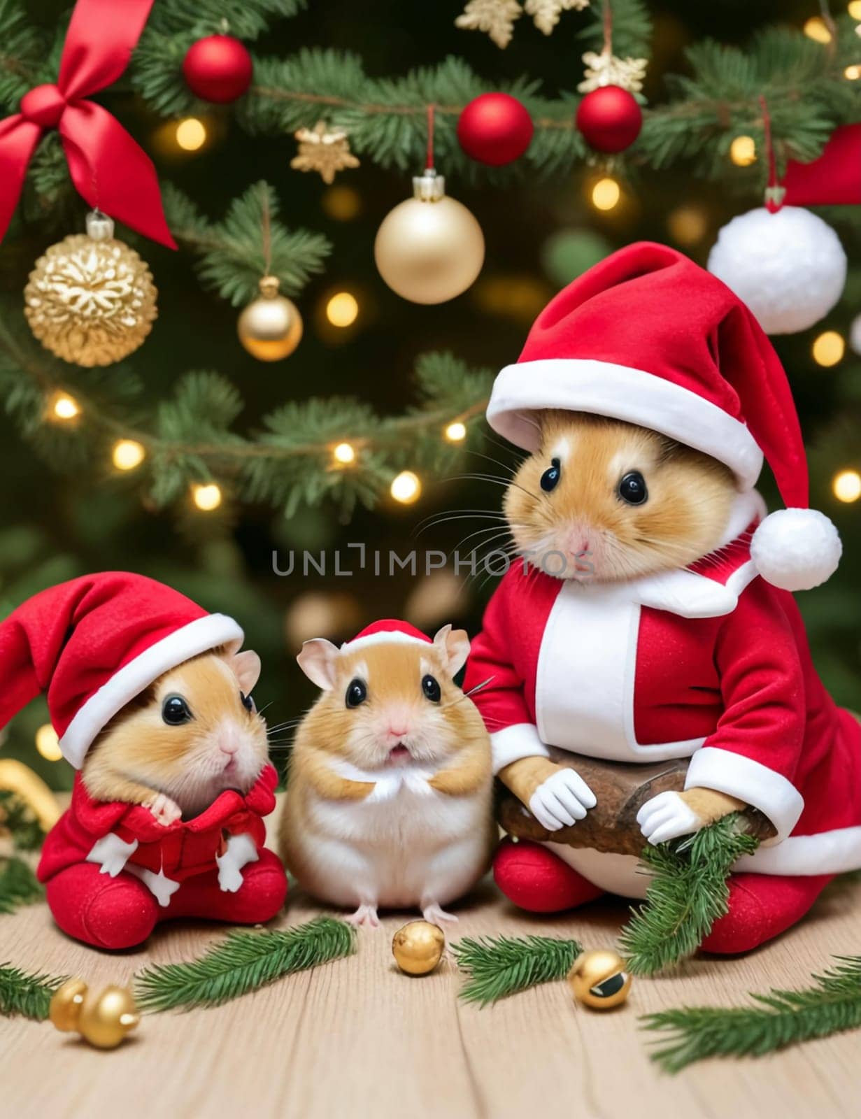 Hamsters in Santa's Christmas hats in the woods with Christmas toys and garlands