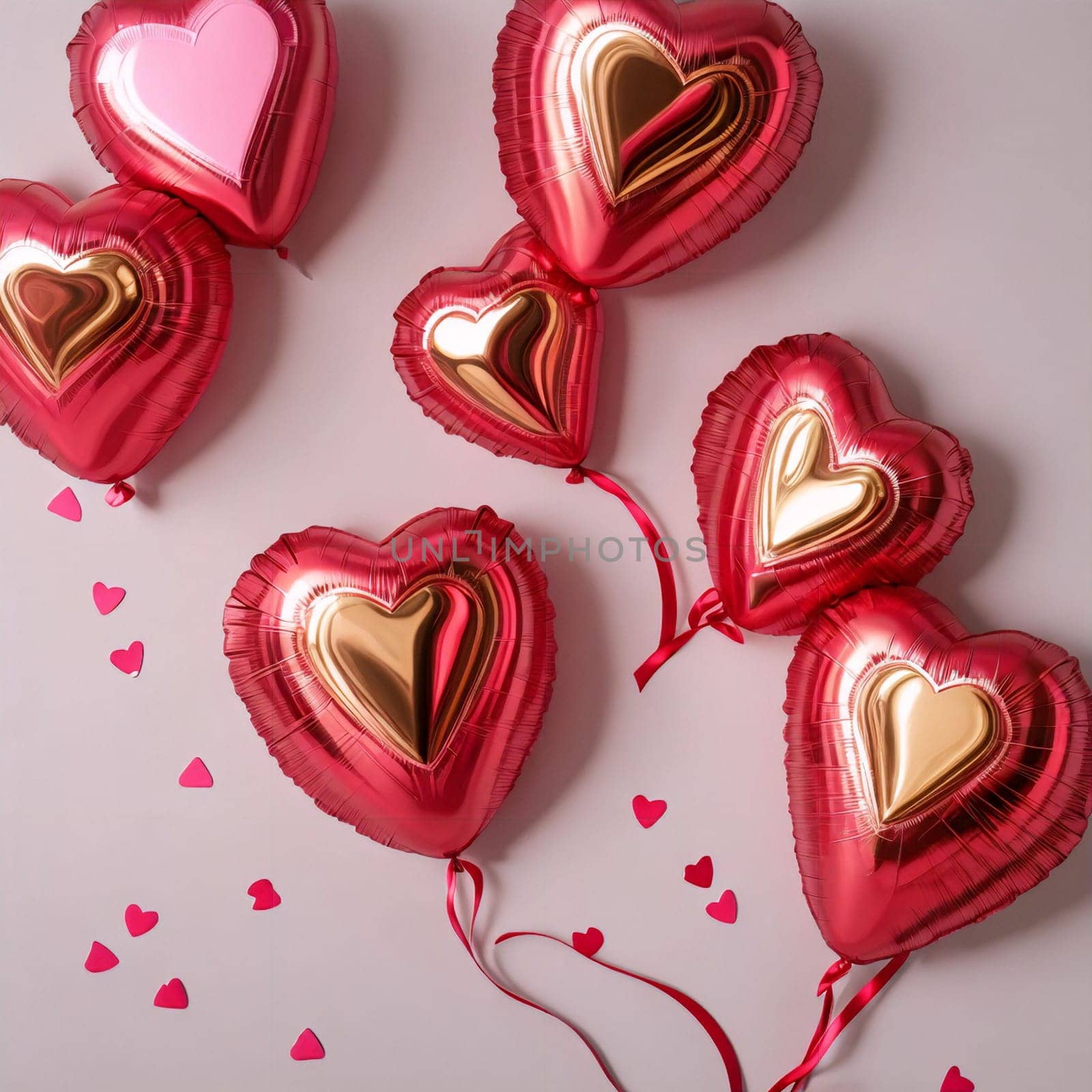 hearts made of red and gold foil on a pink background by Севостьянов