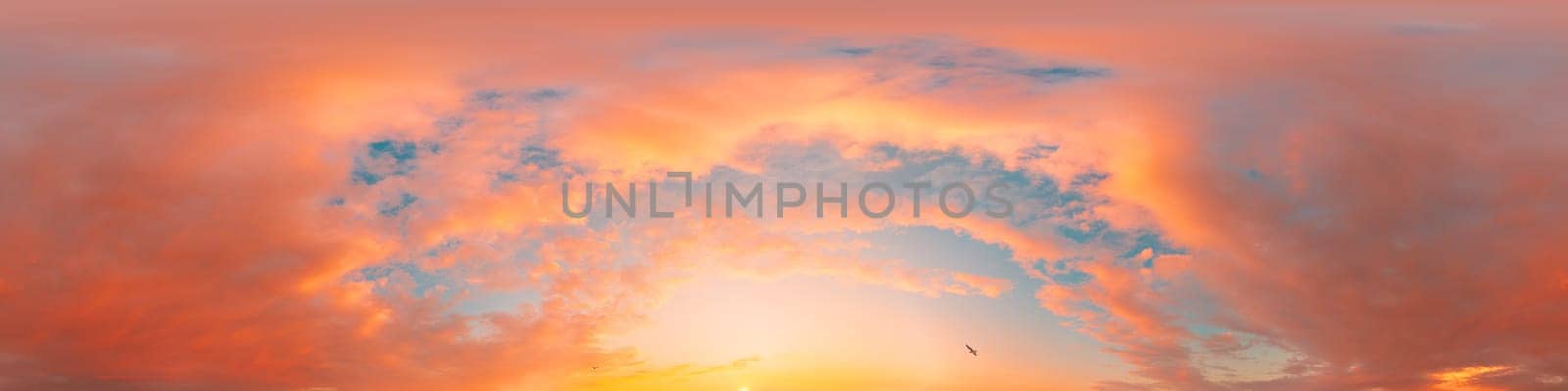 Bright sunset sky panorama with Cirrus clouds. Seamless hdr spherical equirectangular 360 panorama. Sky dome or zenith for 3D visualization, game and sky replacement for aerial drone 360 panoramas.