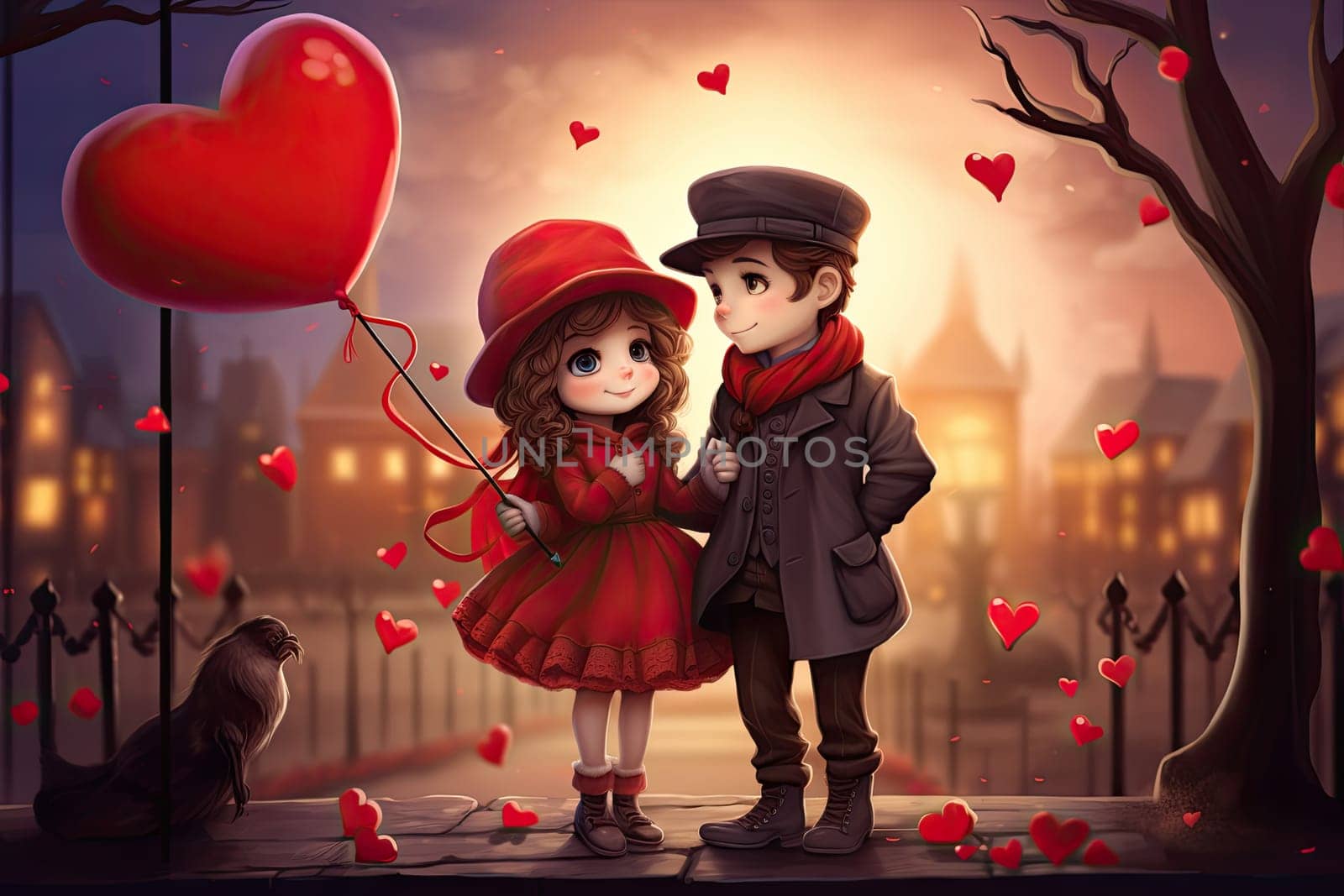 Illustration of young couple in love walking in winter time surrounded by hearts.