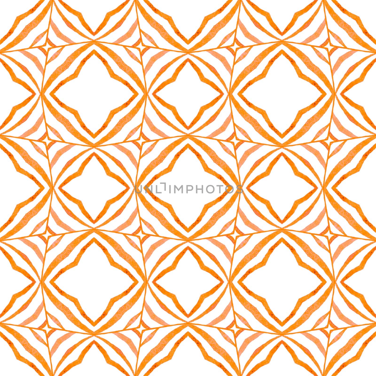 Textile ready artistic print, swimwear fabric, wallpaper, wrapping. Orange positive boho chic summer design. Chevron watercolor pattern. Green geometric chevron watercolor border.