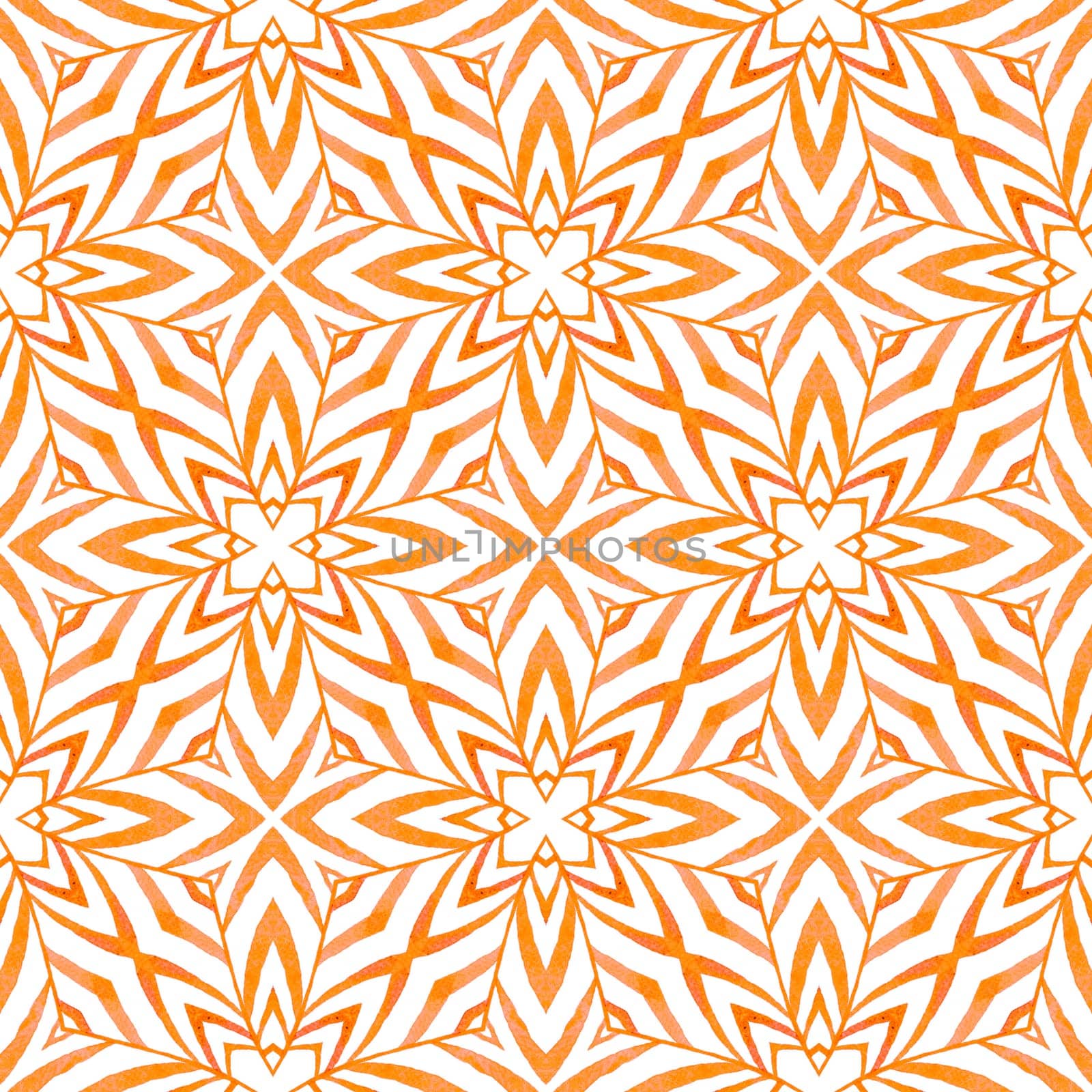 Ethnic hand painted pattern. Orange alluring boho chic summer design. Watercolor summer ethnic border pattern. Textile ready outstanding print, swimwear fabric, wallpaper, wrapping.