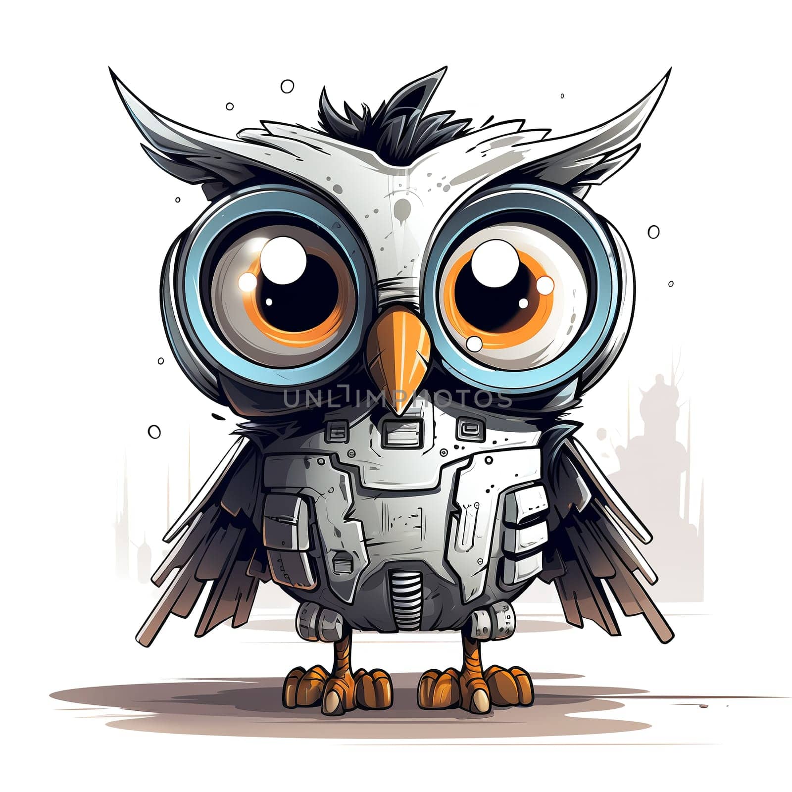 Cartoon owl robots. T-Shirt, Sticker. Funny cyborg. AI Generated by AndreyKENO