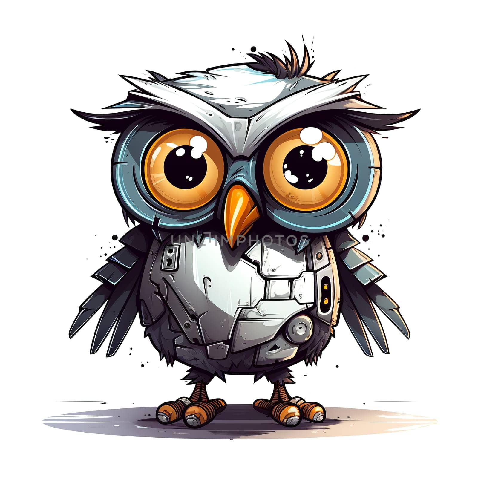 Cartoon owl robots. T-Shirt, Sticker. Funny cyborg. AI Generated by AndreyKENO