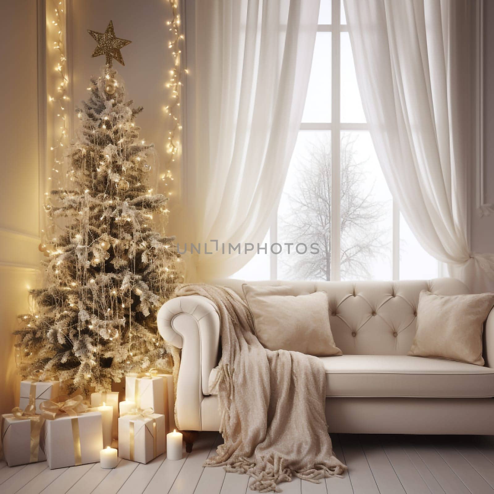 Bright room decorated for Christmas or New Year with a Christmas tree, a sofa with a soft, draped blanket, an illuminated window, and light curtains creating a warm festive atmosphere.