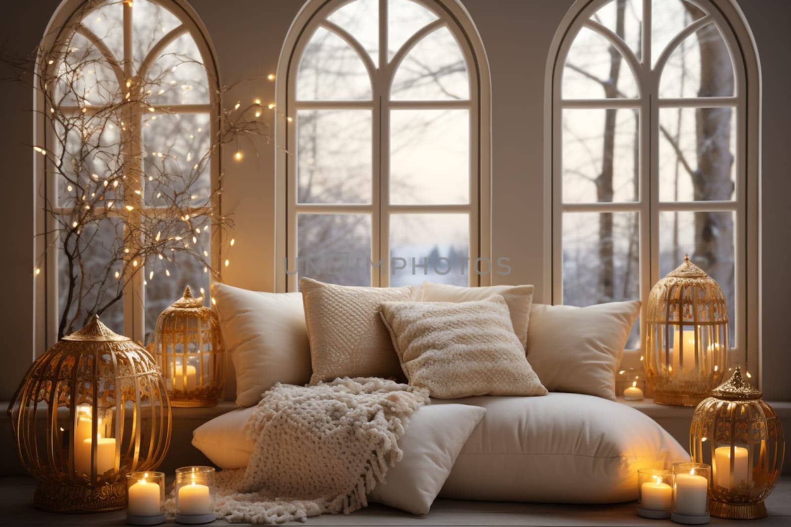 Illuminated room with a large window decorated for Christmas by Ciorba