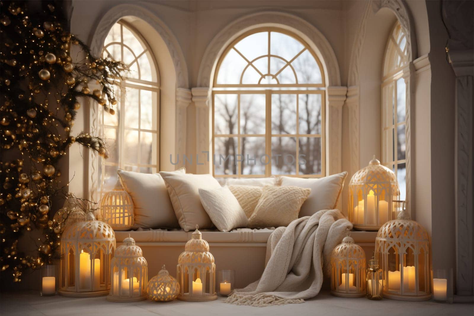 Bright Christmas-themed Room in Gold and Pastel Colors with an Illuminated Window. A Warm Festive Atmosphere for New Year.