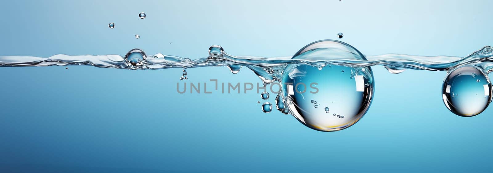 Transparent Realistic water splash with drops clear water background. Macro set splash of water with drops, a splash of falling water, a splash in the form of a crown, a splash in the form of a circle Copy space Blue colored