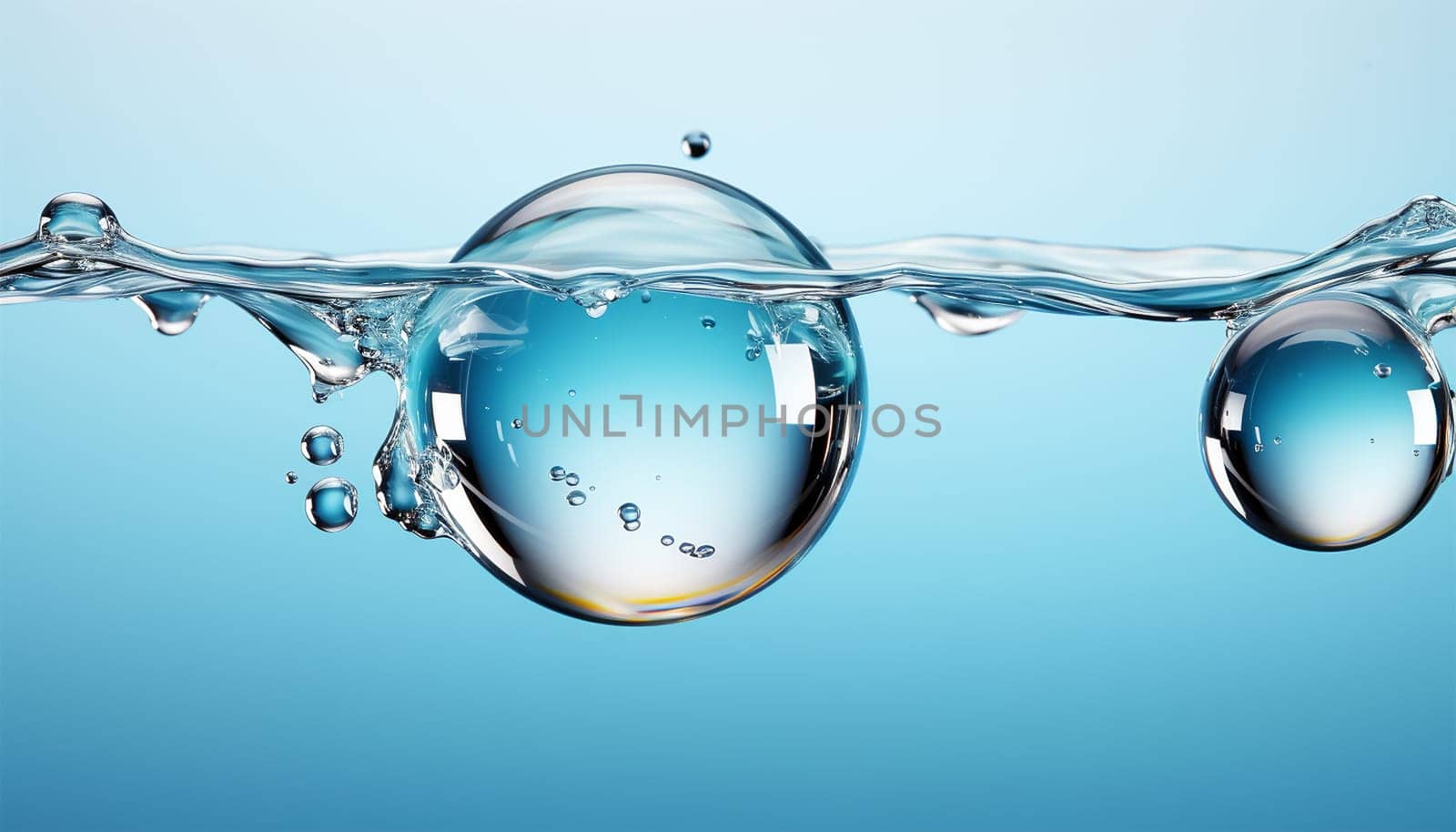 Transparent Realistic water splash with drops clear water background. Macro set splash of water with drops, a splash of falling water, a splash in the form of a crown, a splash in the form of a circle Copy space Blue colored