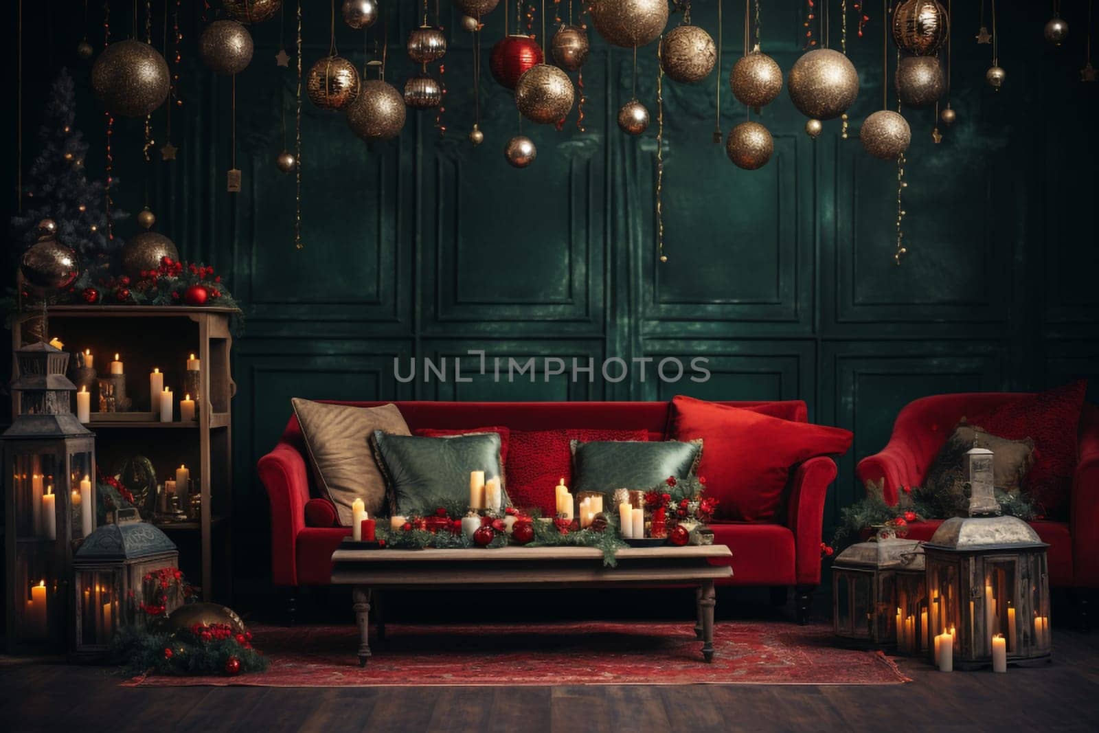 A modern-style room in green and red colors, decorated for Christmas. Holiday comfort, home concepts.