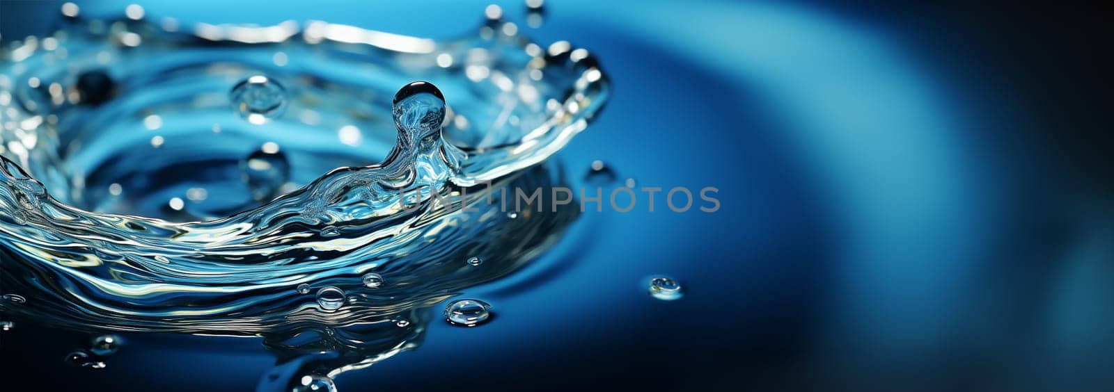 Transparent Realistic water splash with drops clear water background. Macro set splash of water with drops, a splash of falling water, a splash in the form of a crown, Copy space