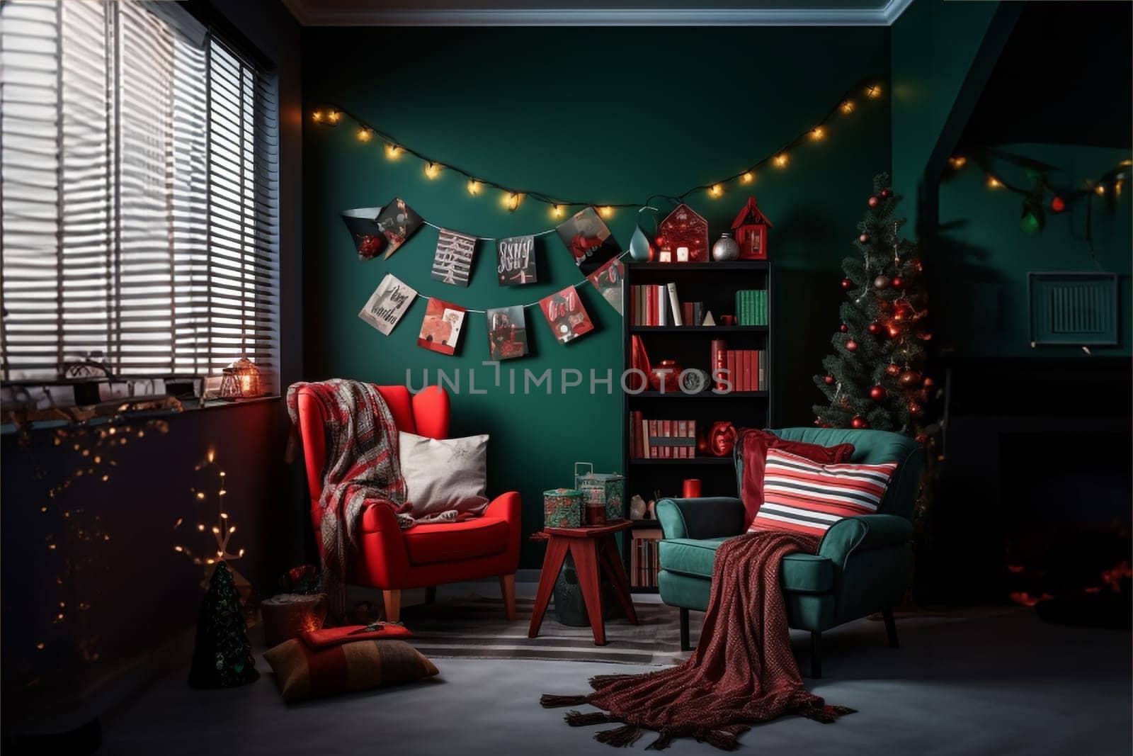 A modern-style room in green and red colors, decorated for Christmas. Holiday comfort, home concepts.