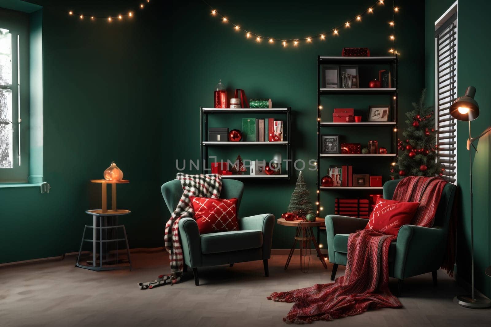 A modern-style room in green and red colors, decorated for Christmas. Holiday comfort, home concepts.