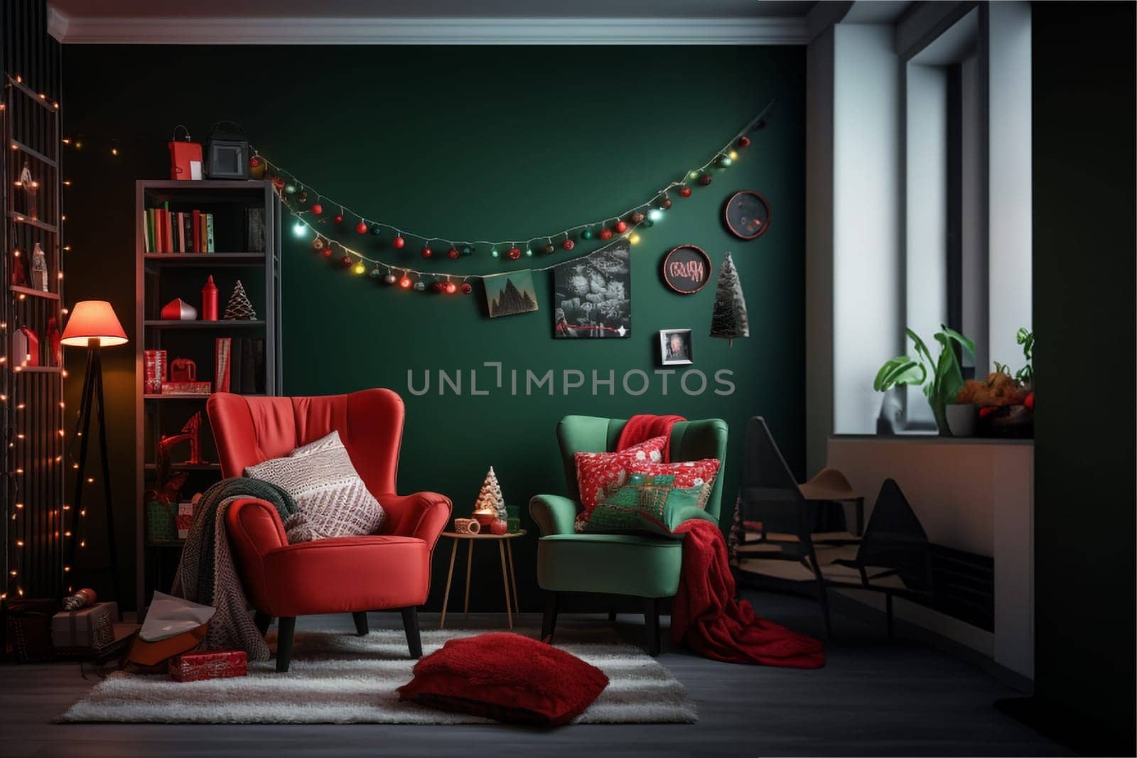 A modern-style room in green and red colors, decorated for Christmas. Holiday comfort, home concepts.