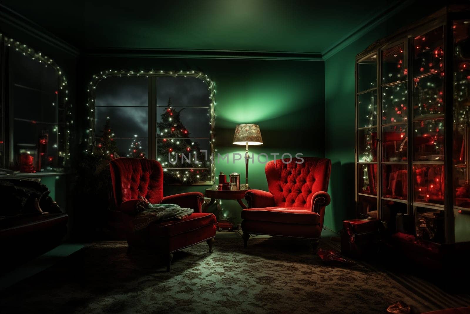 A modern-style room in green and red colors, decorated for Christmas. Holiday comfort, home concepts.