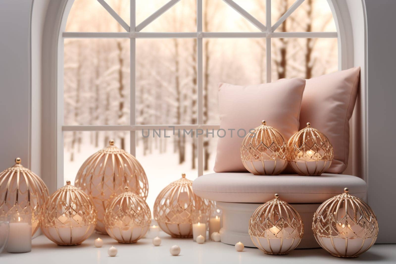 Bright Christmas-themed Room in Gold and Pastel Colors with an Illuminated Window. A Warm Festive Atmosphere for New Year.