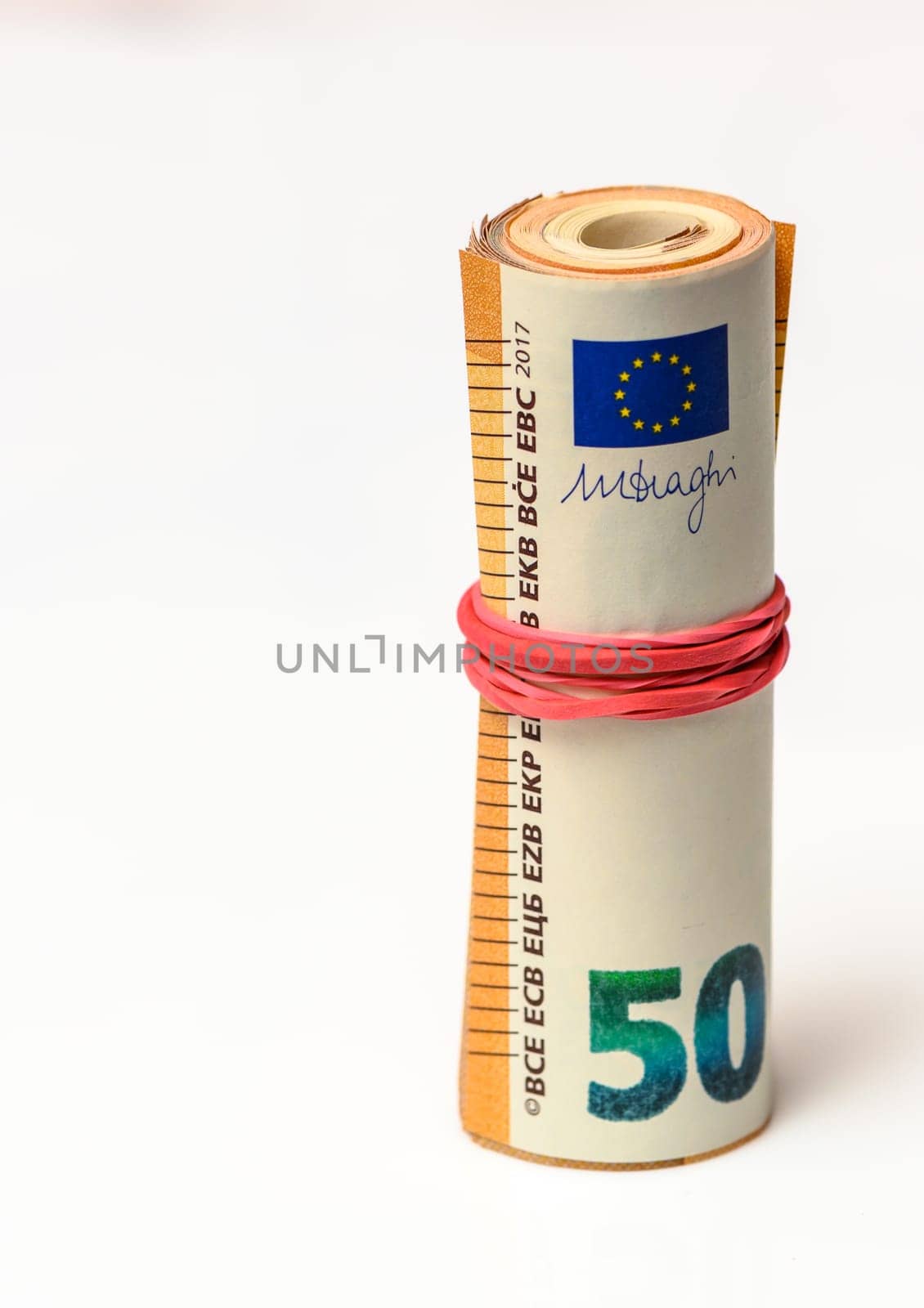 50 euro bills on white background rolled into a tube 20 by Mixa74