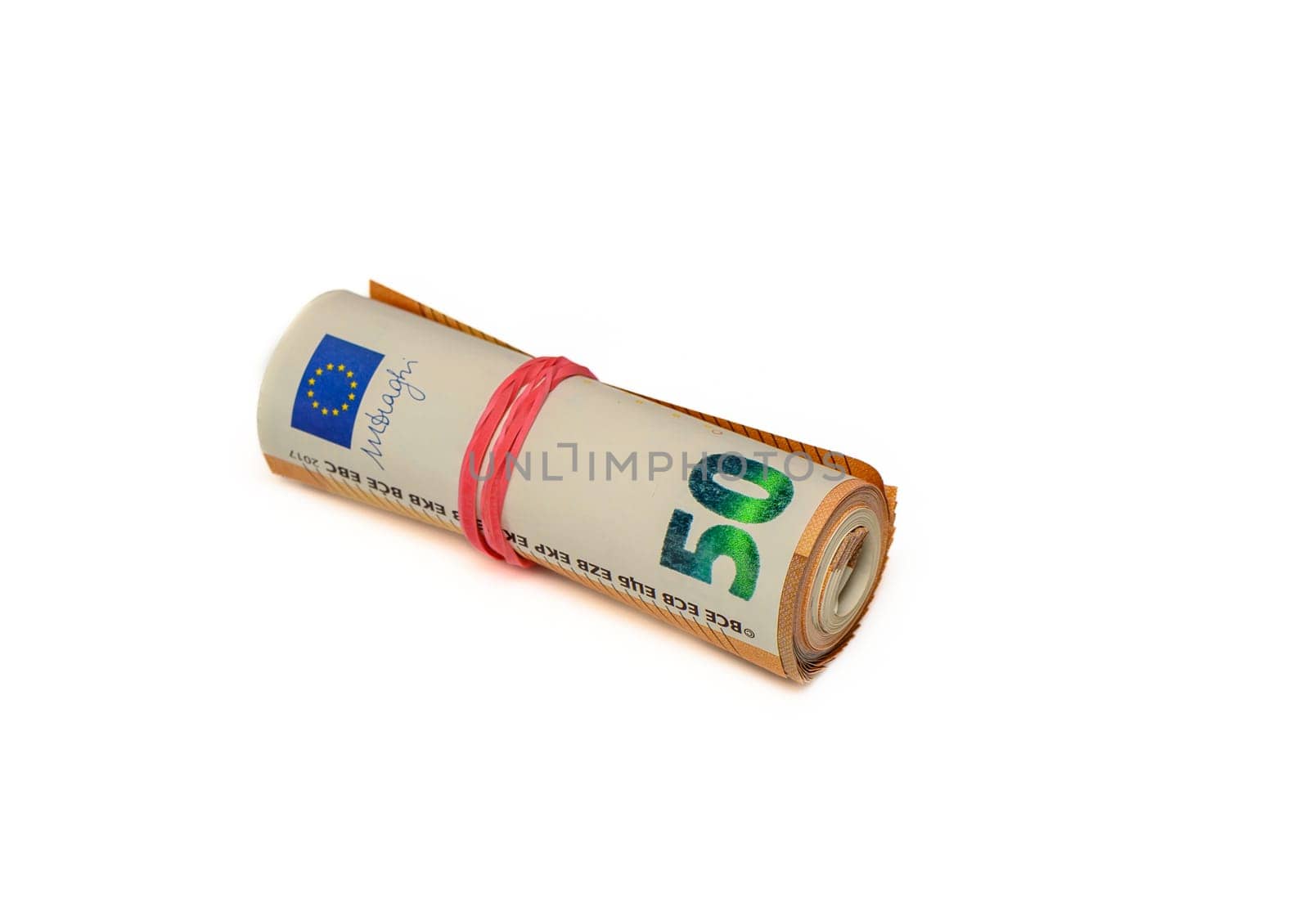 50 euro bills on white background rolled into a tube 4 by Mixa74