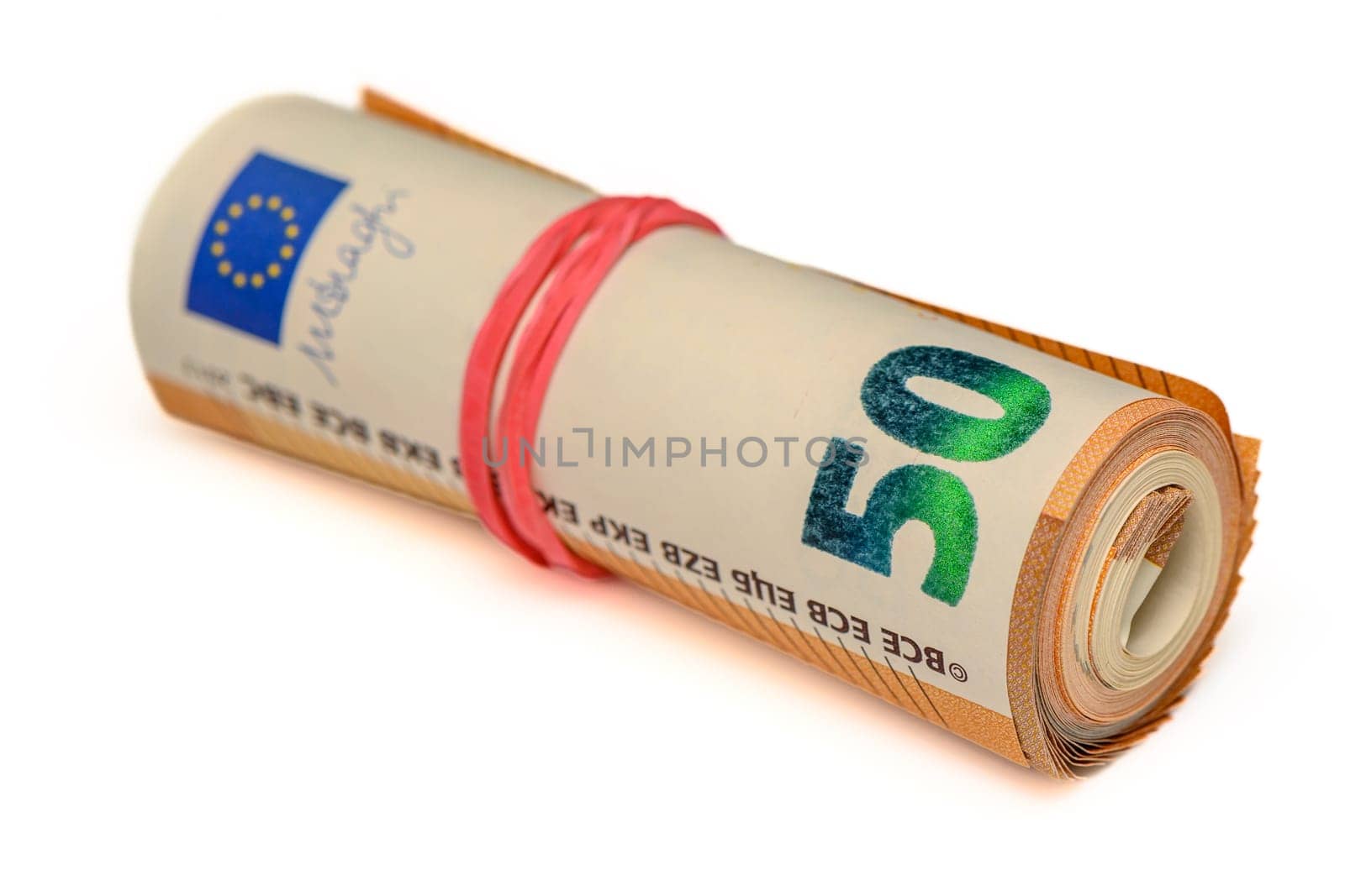 50 euro bills on white background rolled into a tube6 by Mixa74