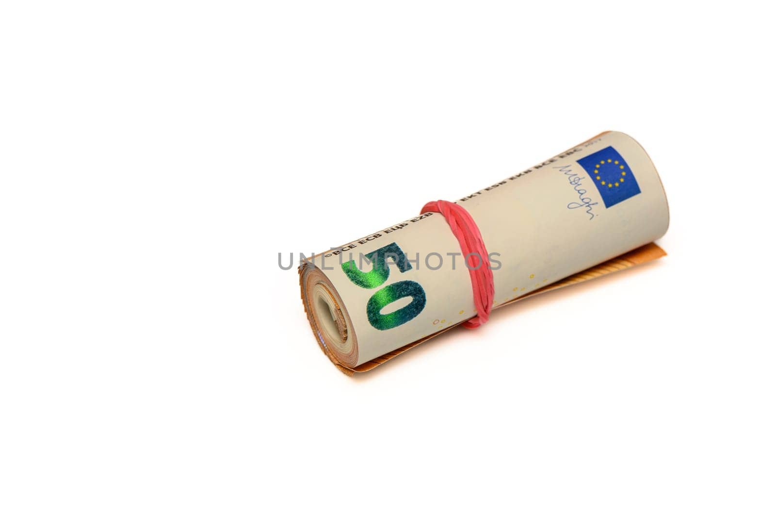 50 euro bills on white background rolled into a tube5 by Mixa74