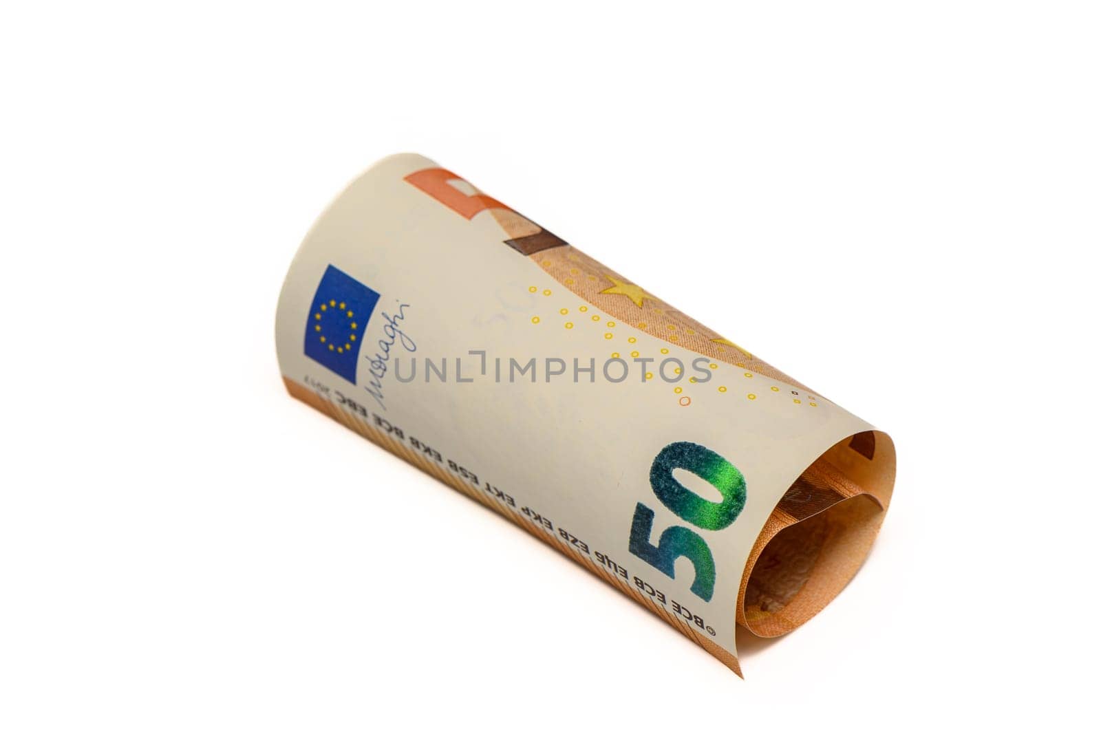 50 euro bills on white background rolled into a tube 10 by Mixa74