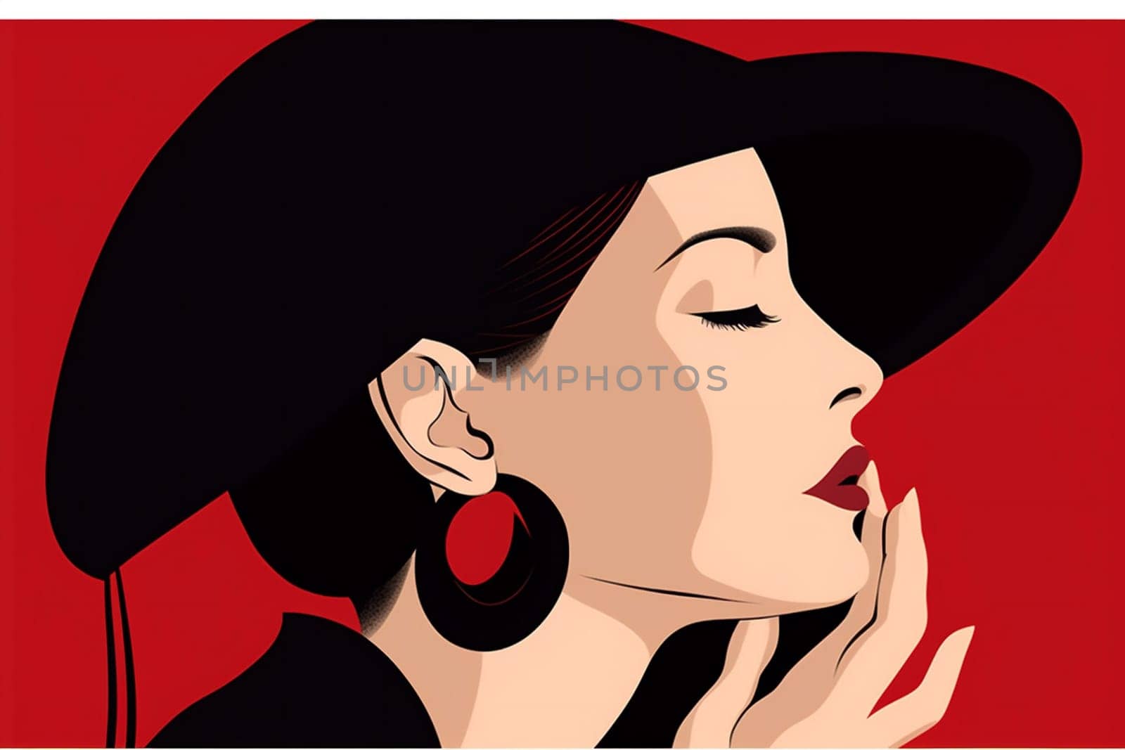 portrait woman sexy person hair modern isolated model poster brunette style female fashion design colourful glamour happy red vintage face background flat. Generative AI.