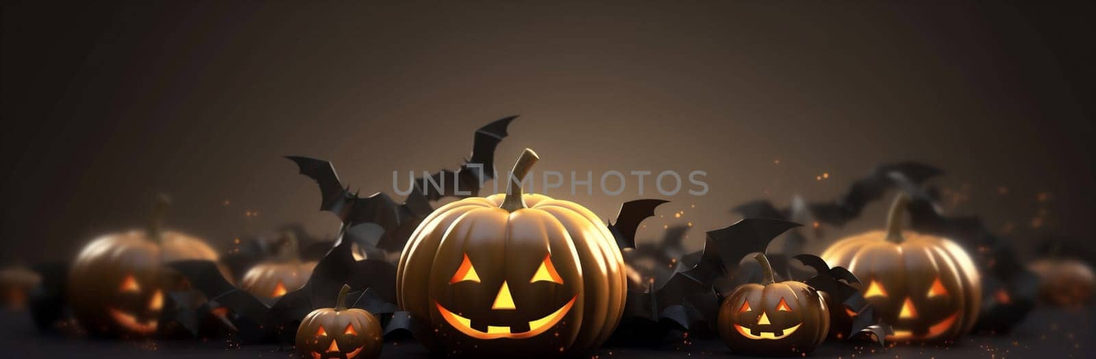 october fear card poster table silhouette light pumpkin copyspace blue jack-o-lantern jack dark night horror background halloween mystery sky haunted bat. Generative AI.