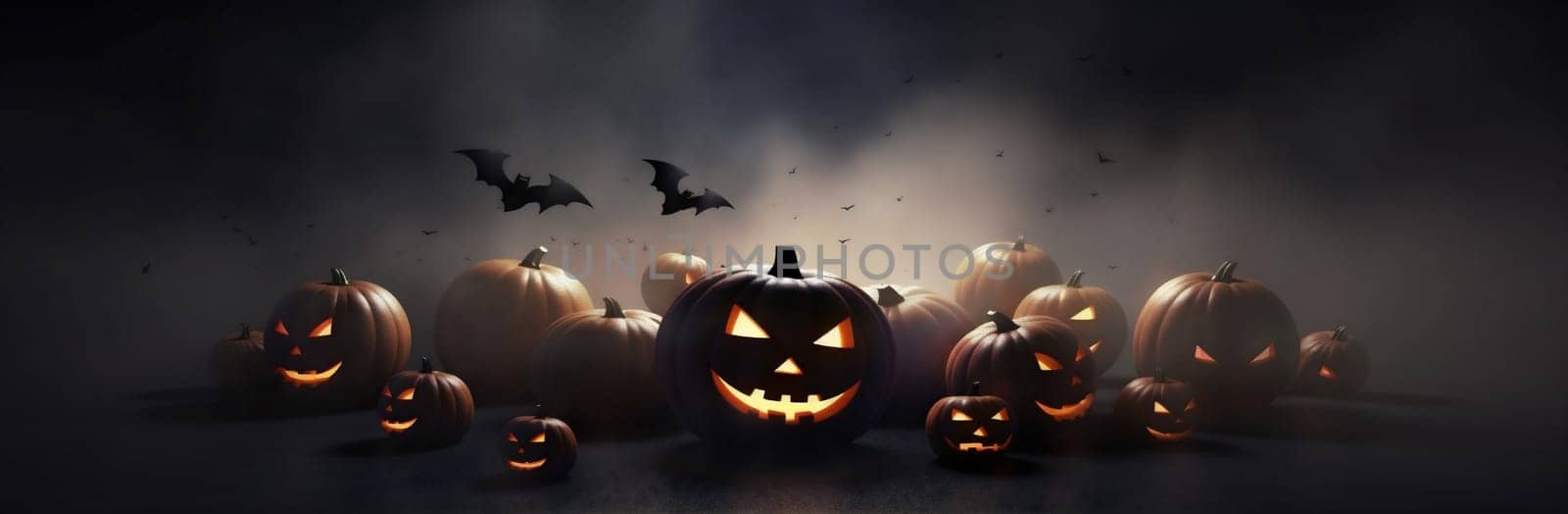 fear night bat table background mystery blue horror halloween tree pumpkin. Generative AI. by Vichizh