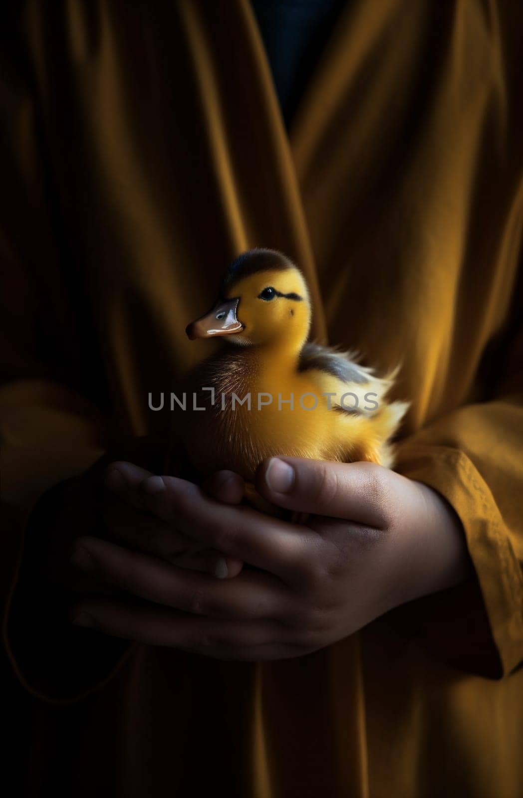 yellow child little bird close-up duckling hand duck girl farm. Generative AI. by Vichizh