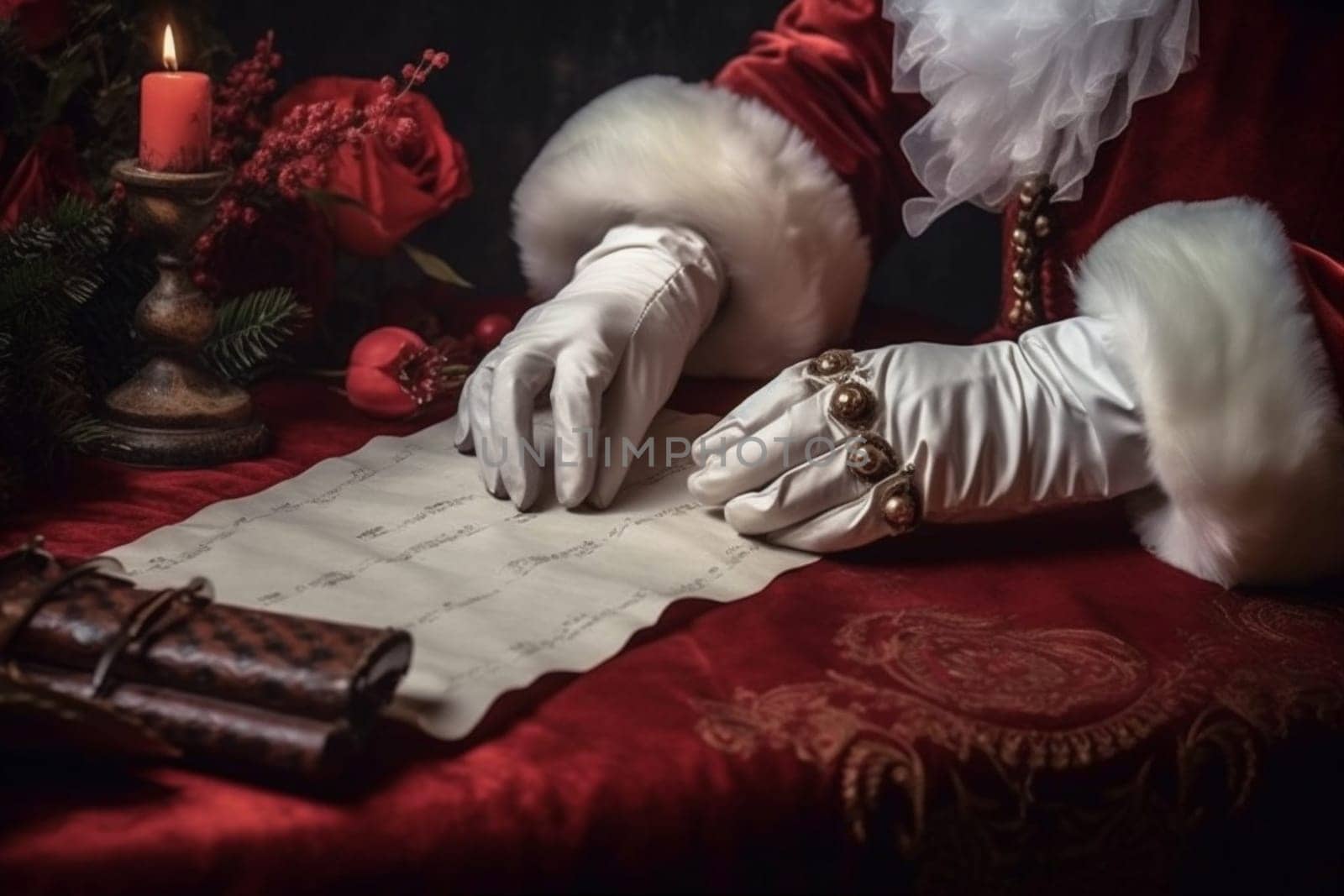 holding man desk table eve letter holiday gift message year santa wish christmas year candle night merry elderly list present new. Generative AI.