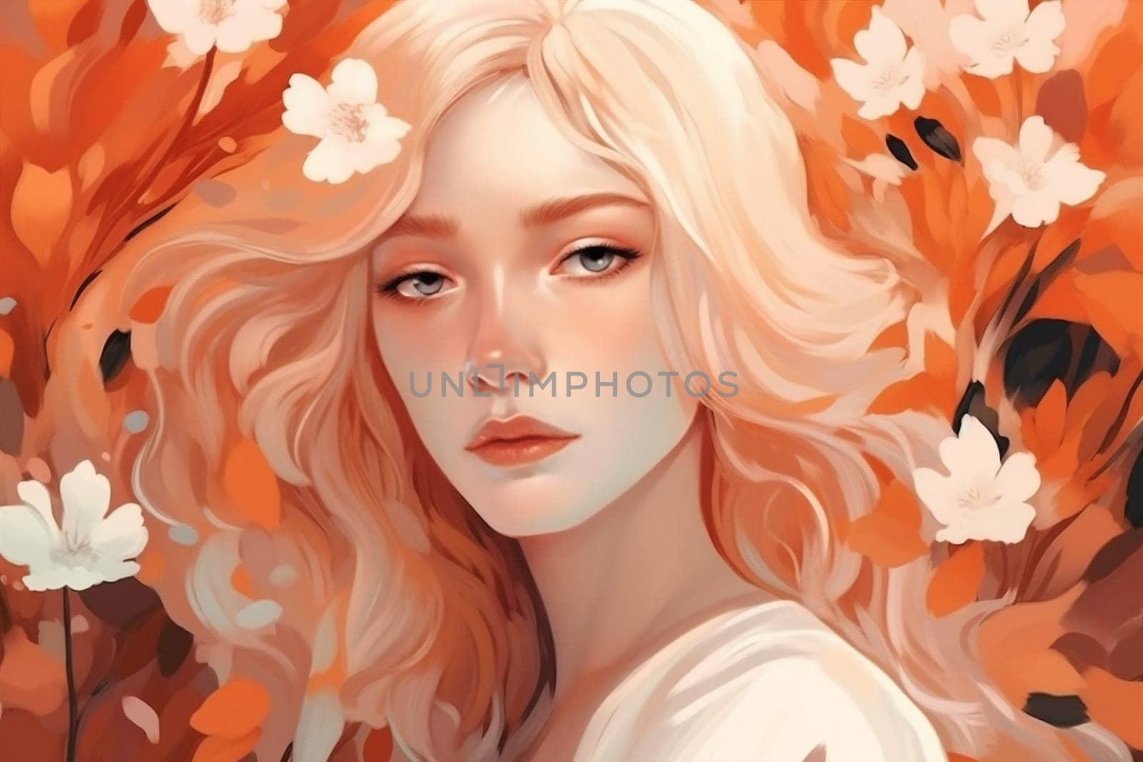 woman romantic day spring flower girl hair beautiful glamour beauty pastel make-up seamless art tender background portrait nature colourful face trend. Generative AI.