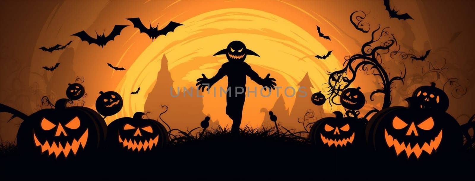 monster trick head farm halloween grave ghost night black treat orange october pumpkin lantern celebration spooky dark fear holiday horror. Generative AI.