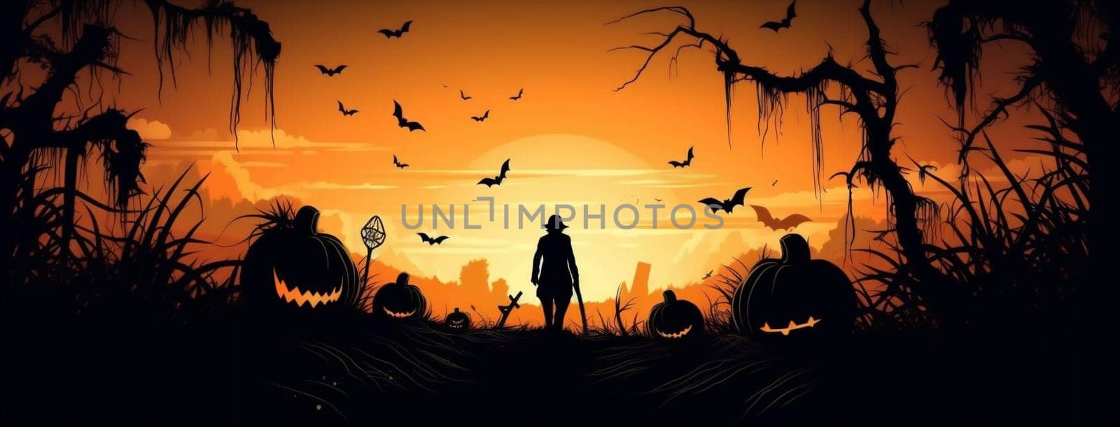 black night dark light pumpkin grave ghost field october horror spooky orange halloween head bat celebration moon holiday vintage background. Generative AI.