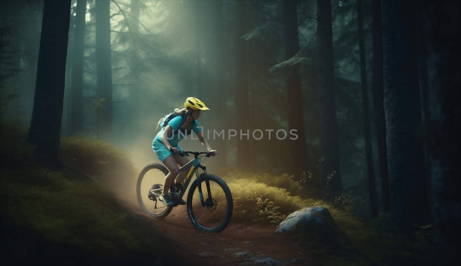 woman healthy cycling sport summer walk bicyclist bike young mountain fitness dark active person walking bicycle leisure forest nature sunset lifestyle. Generative AI.