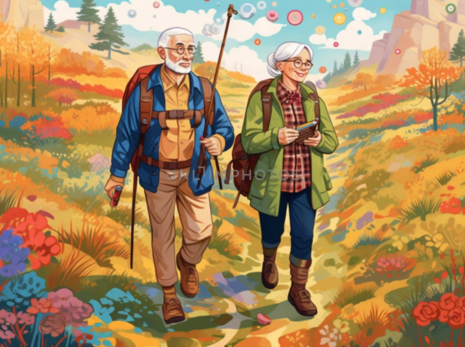 exercise love healthy elderly trekking hike old hiking run nature couple retirement grandfather happy walking sport person together senior active. Generative AI.