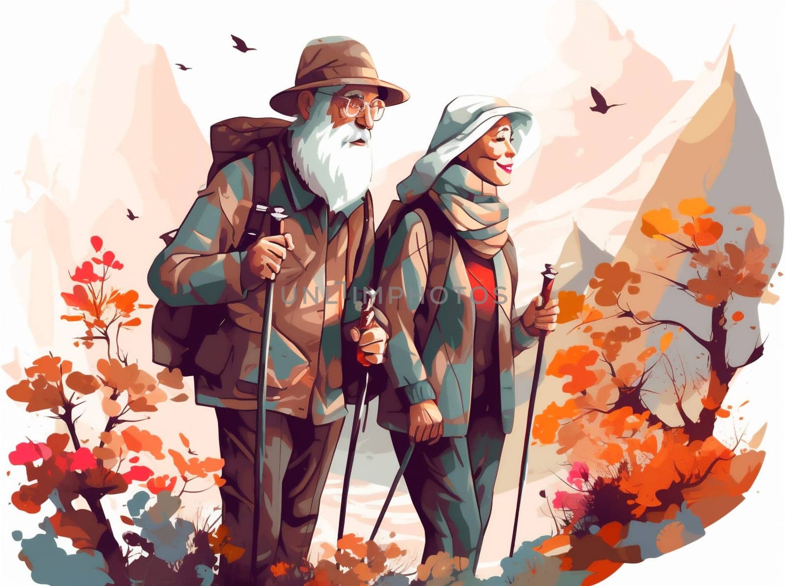 elderly old cartoon pensioner happy walking exercise senior backpack family active sport aged couple grandfather illustration trekking activity hiking walk. Generative AI.